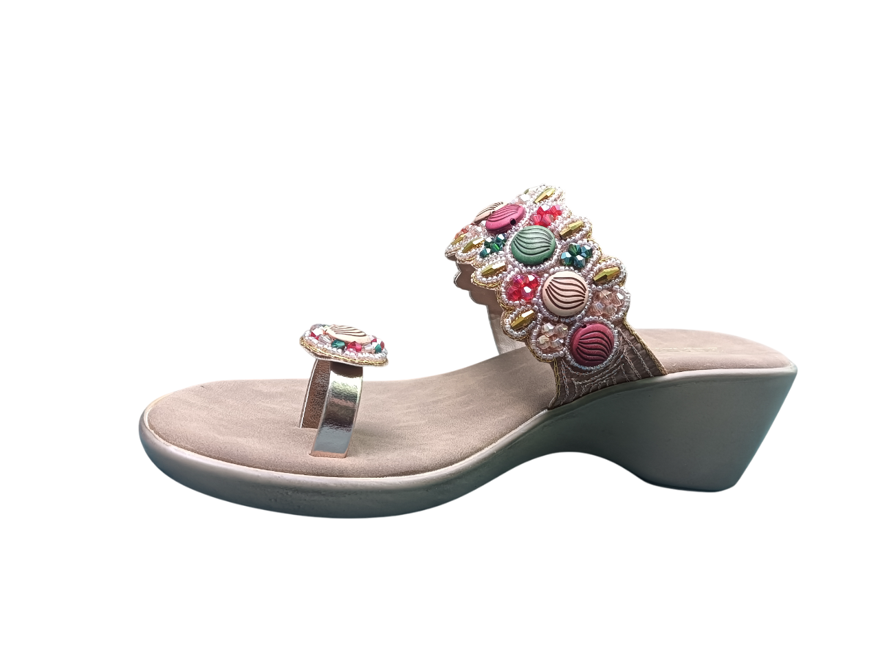 Wedge sandal with colorful embellishments on a white background