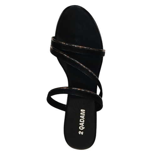 Black sandal with '2QADAM' branding on a white background