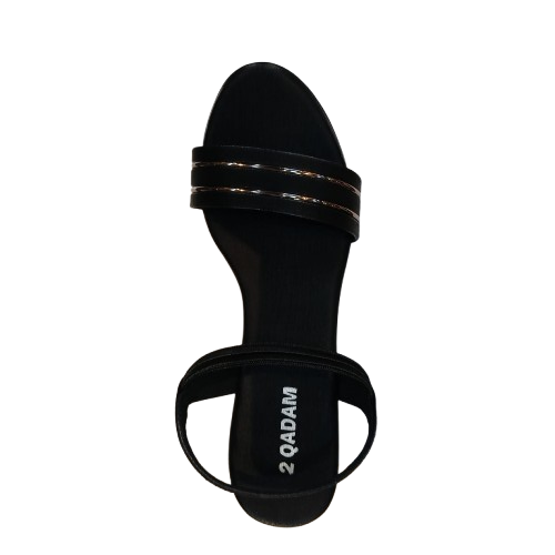 Black sandal with '2 QADAM' branding on a white background