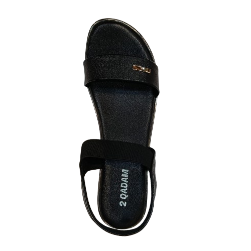 Black sandal with a brand label on a white background
