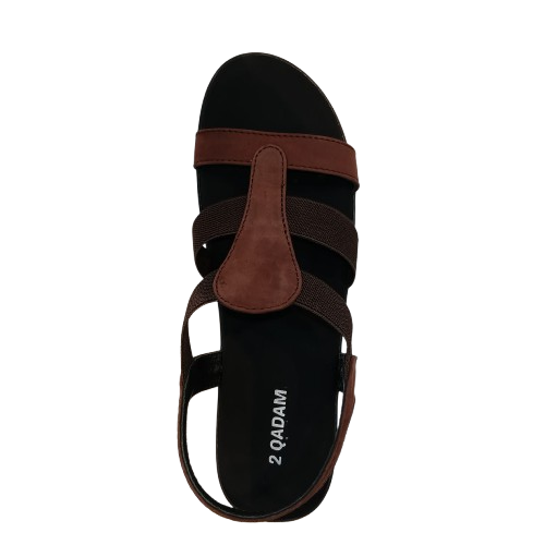 Black sandal with brown straps on a white background, featuring the brand '2 QADAM'.